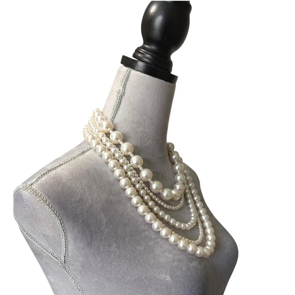 NEW New York & Company Faux Pearl Multi Strand Layered Statement Necklace White